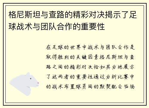 格尼斯坦与查路的精彩对决揭示了足球战术与团队合作的重要性